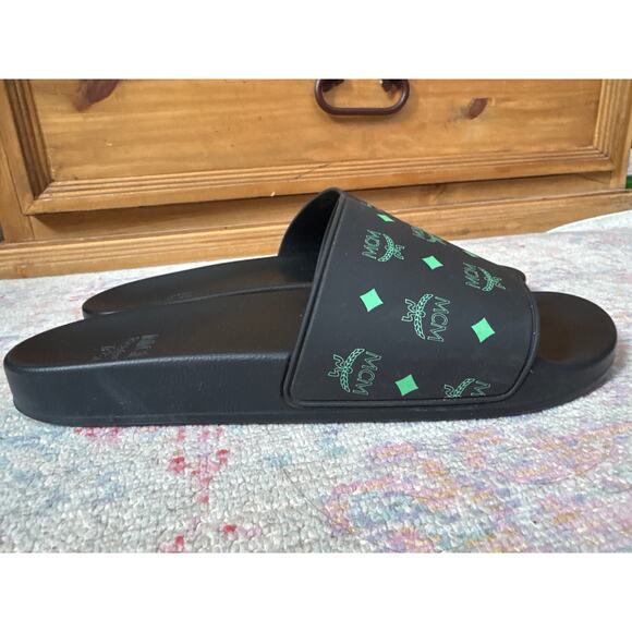 MCM Men\'s Color Splash Green Black Monogram Print Rubber Slides 44 main image 7